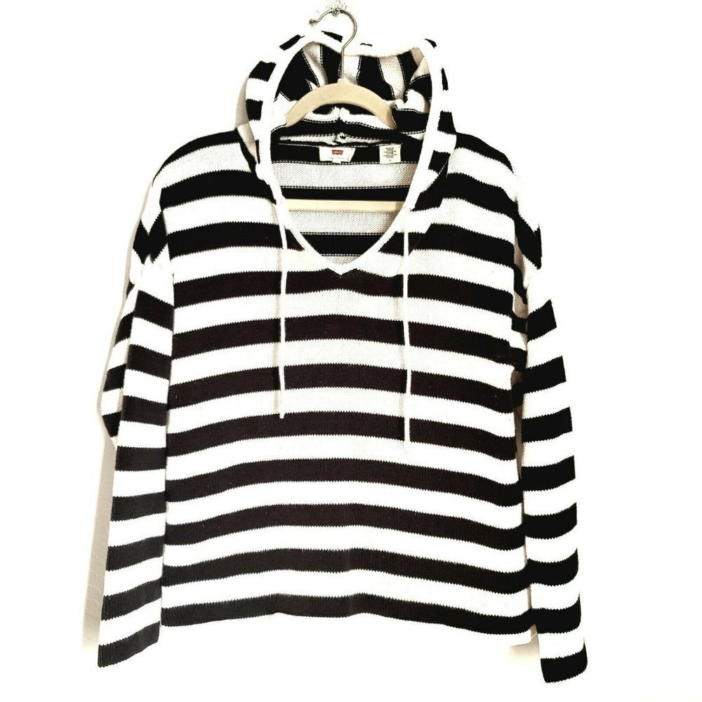 Levi's Sweater M Medium Black White Stripe Hooded